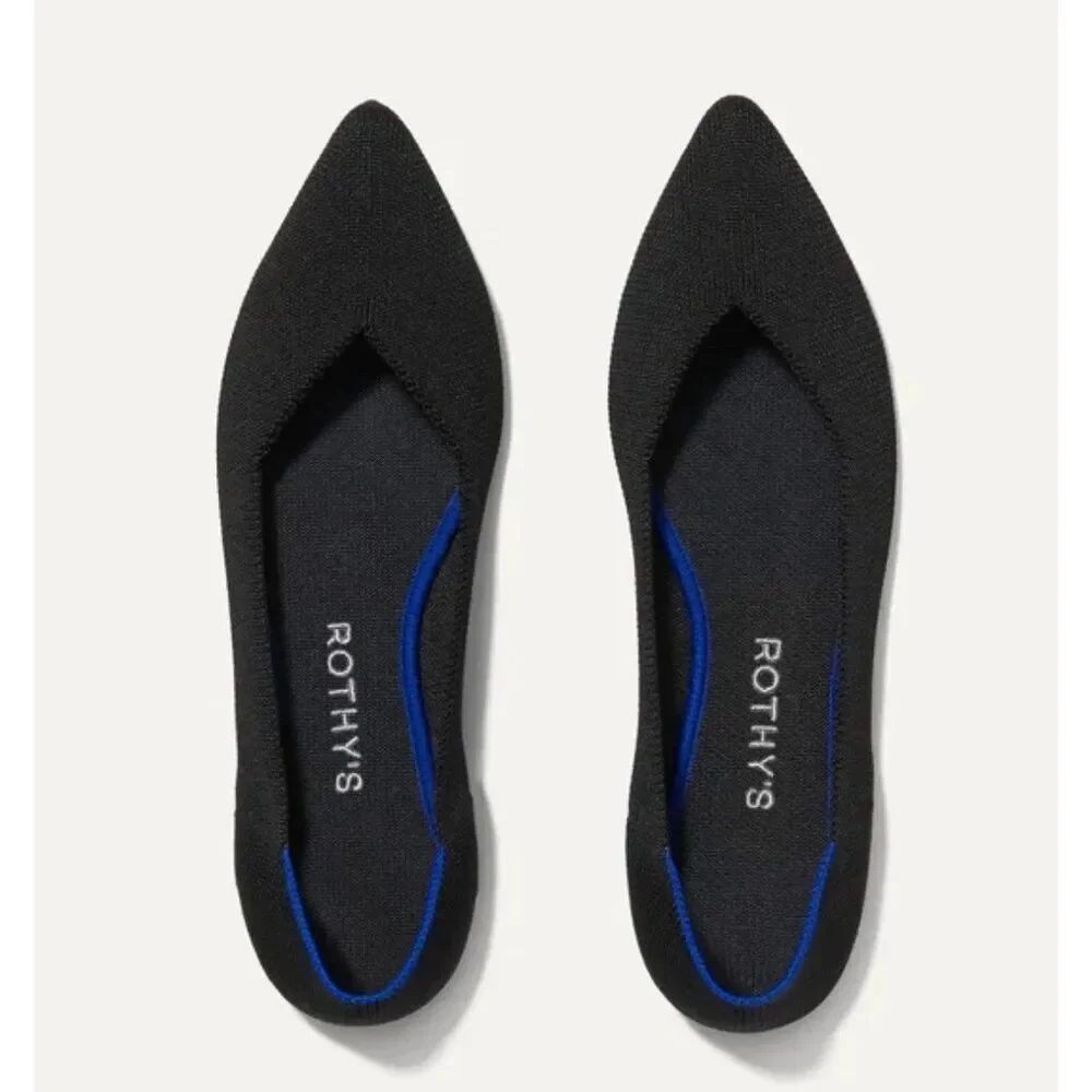 Rothy's Black Pointed Toe Flats with Blue Trim